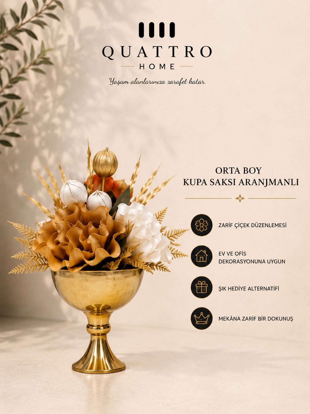 Orta Boy Kupa Saksı Aranjmanlı - Gold Kahve