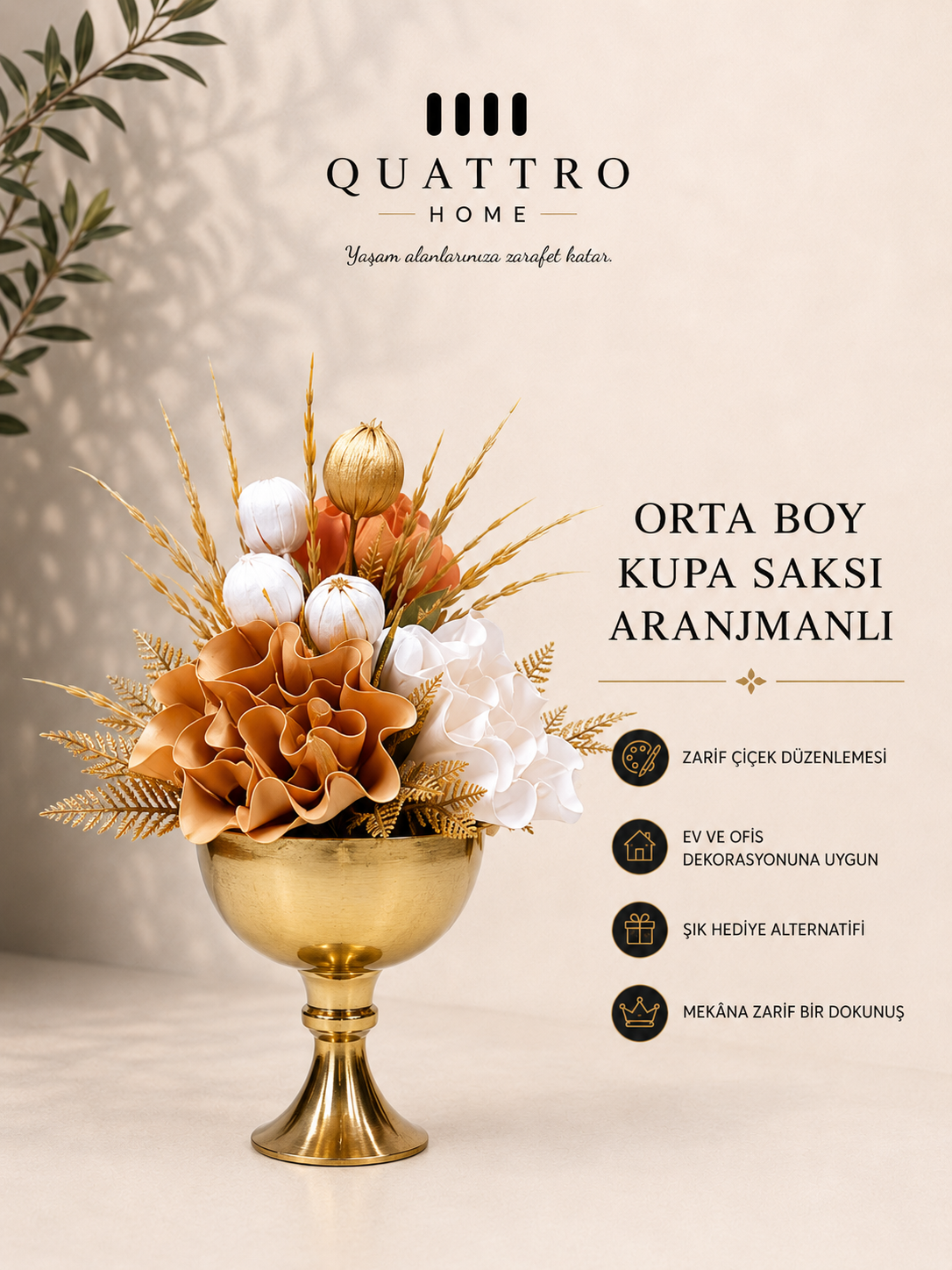 Orta Boy Kupa Saksı Aranjmanlı - Gold Turuncu