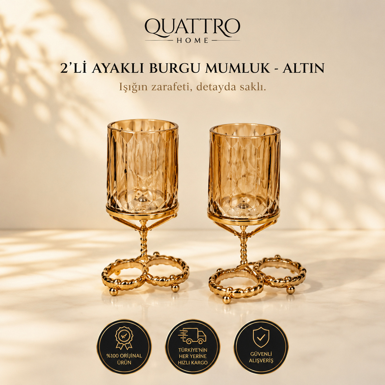 2'li Ayaklı Burgu Mumluk - Altın