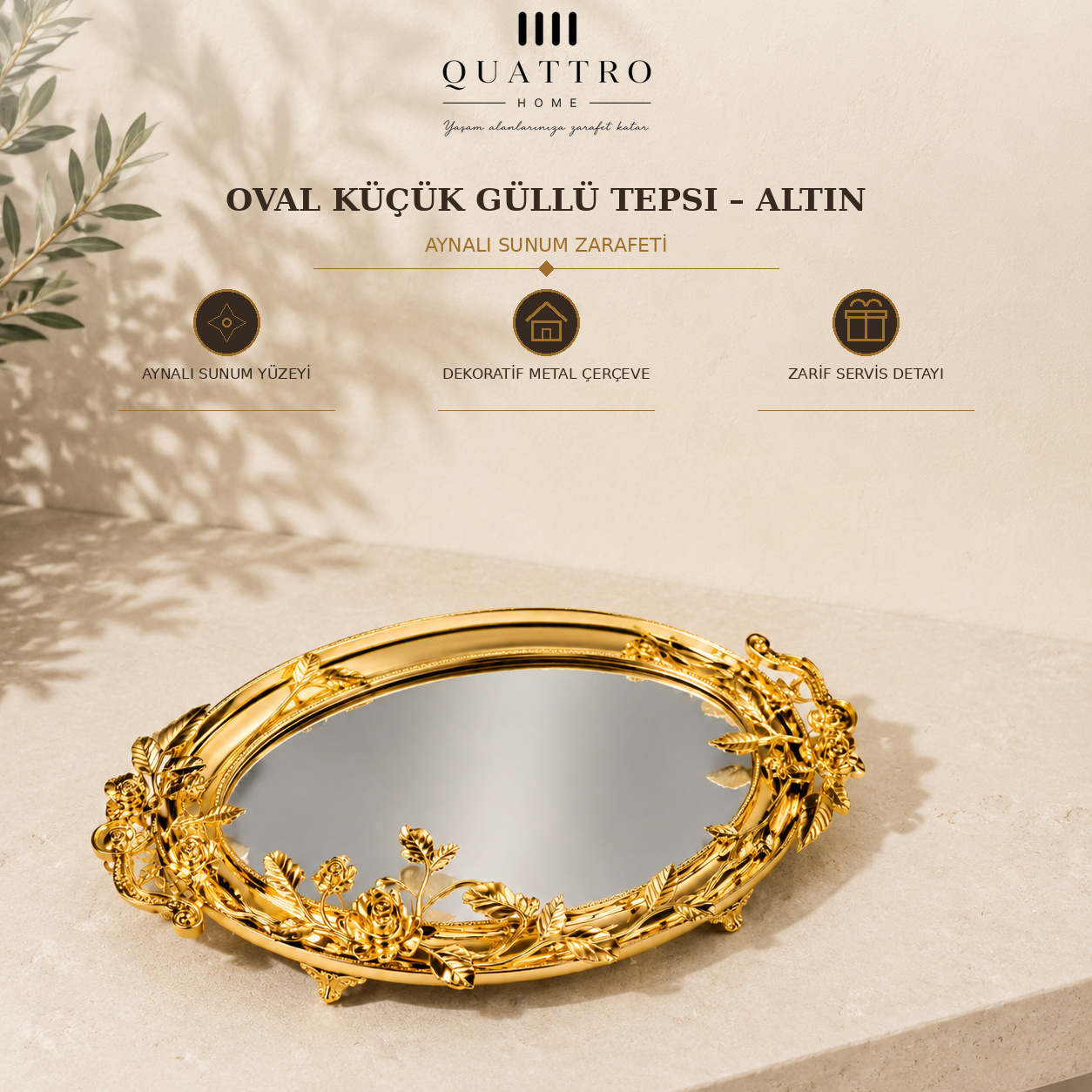 Oval Küçük Güllü Tepsi - Altın