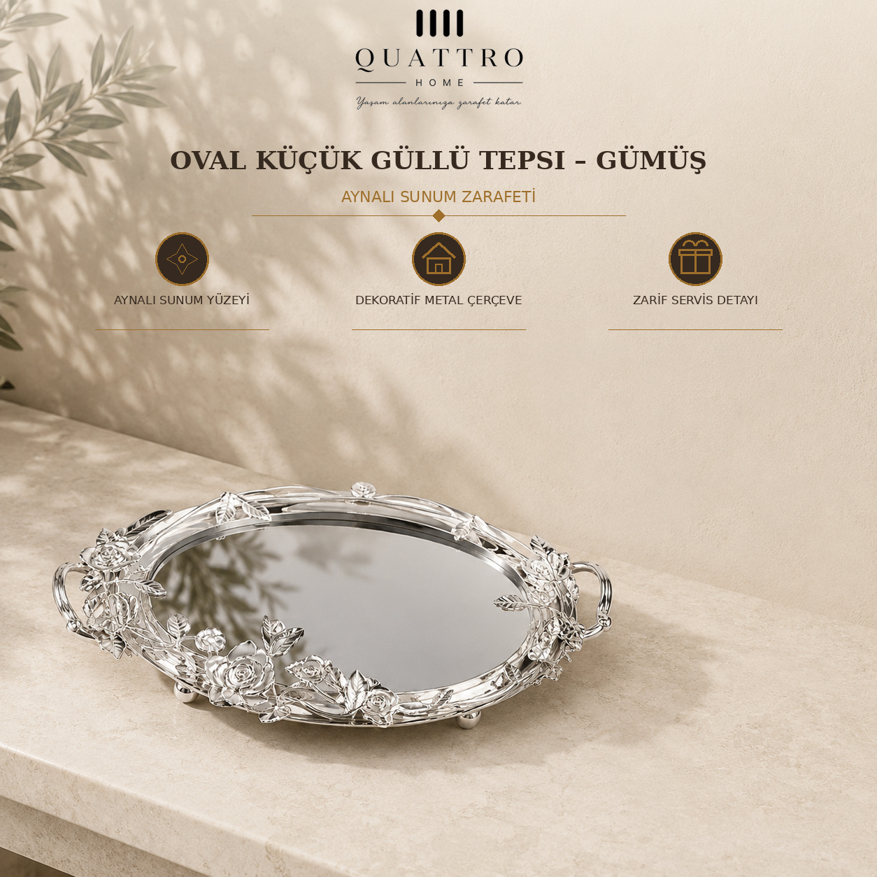 Oval Küçük Güllü Tepsi - Gümüş