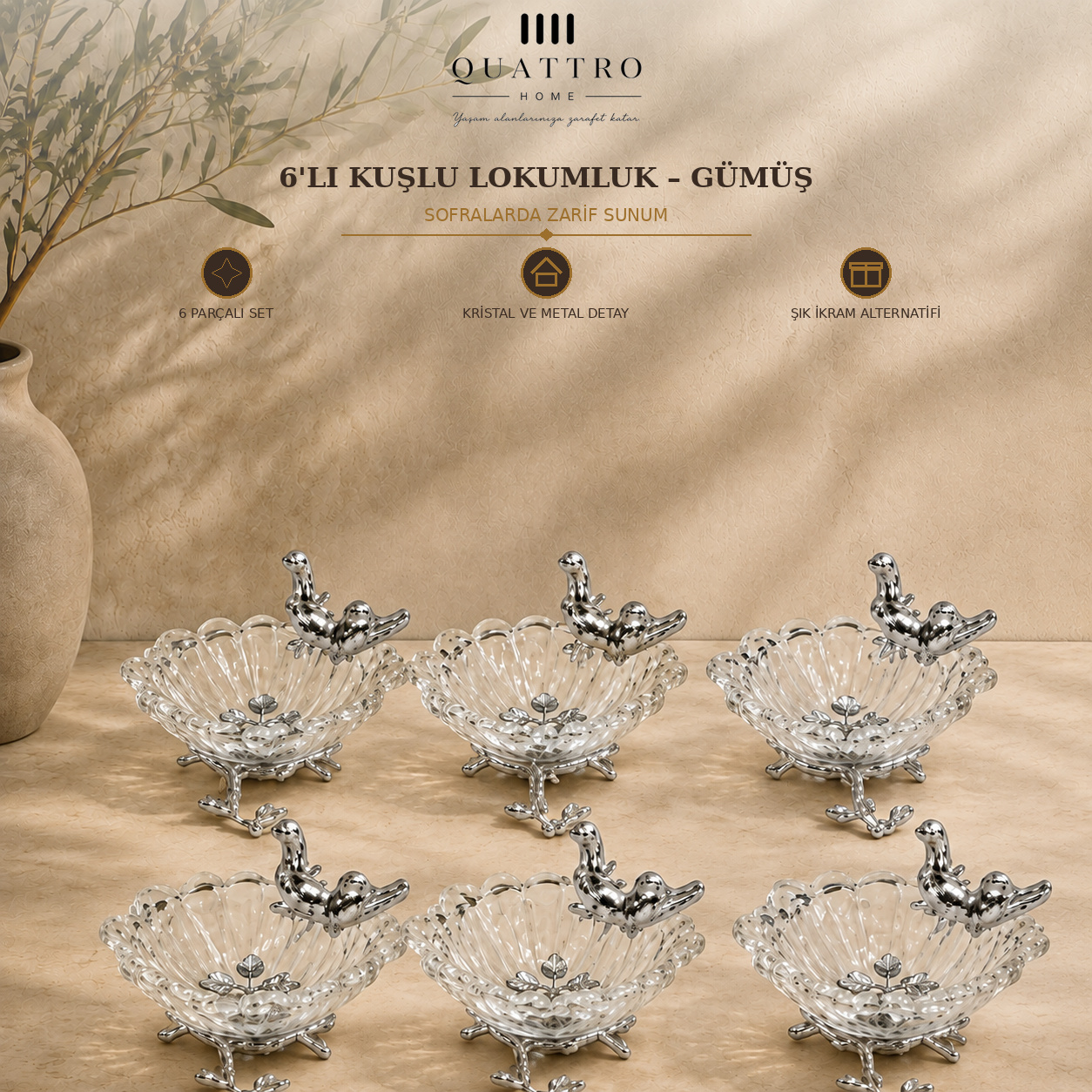 6'lı Kuşlu Lokumluk - Gümüş