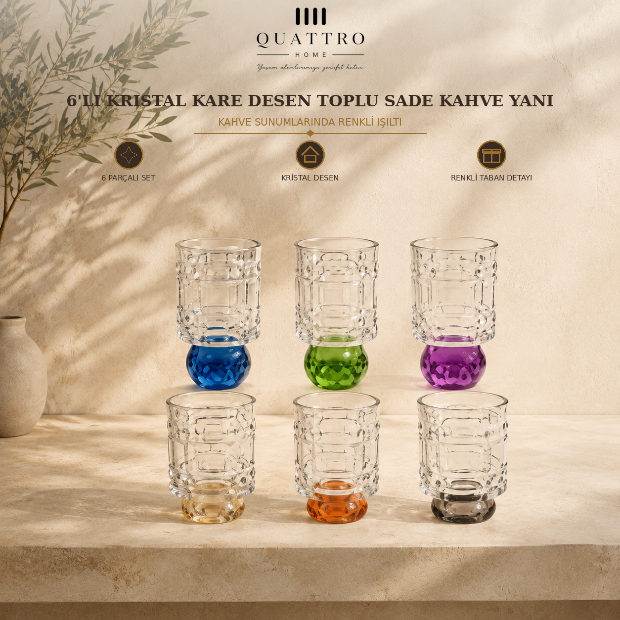 6'lı Kristal Kare Desen Toplu Sade Kahve Yanı
