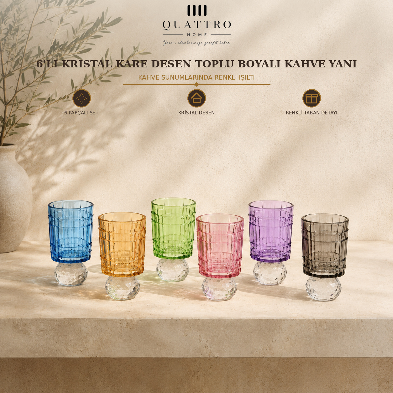 6'lı Kristal Kare Desen Toplu Boyalı Kahve Yanı